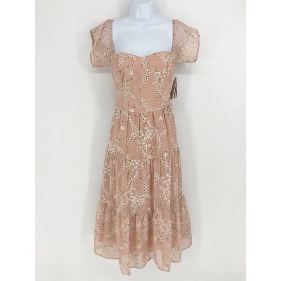 DRESS THE POPULATION River Dress Small Pink Lace Off Shoulder Fit Flare Midi NWT - Picture 5 of 16